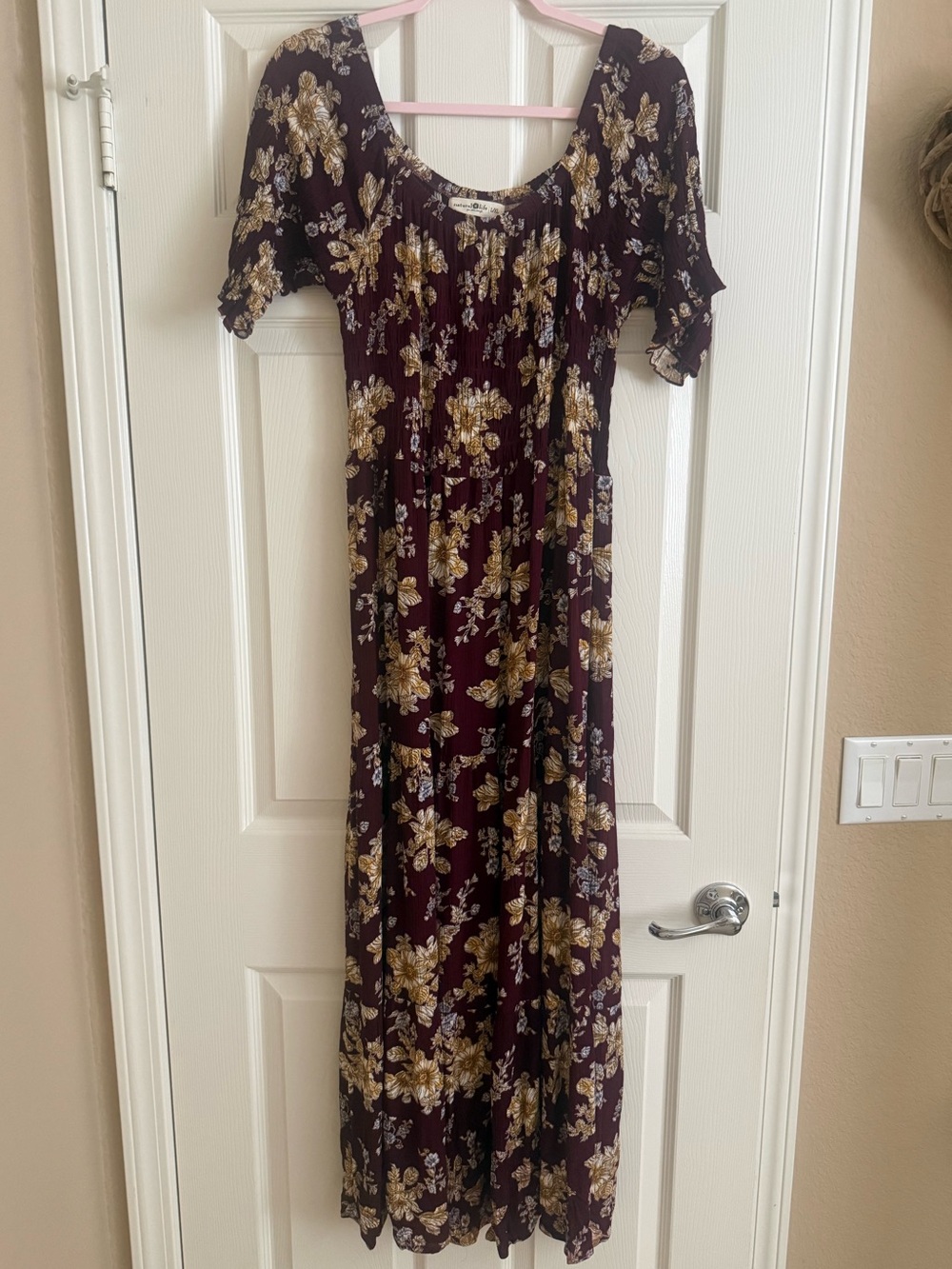 Natural Life Daisy Tiered Maxi Dress, Burgundy Yellow Floral, Size L/XL.